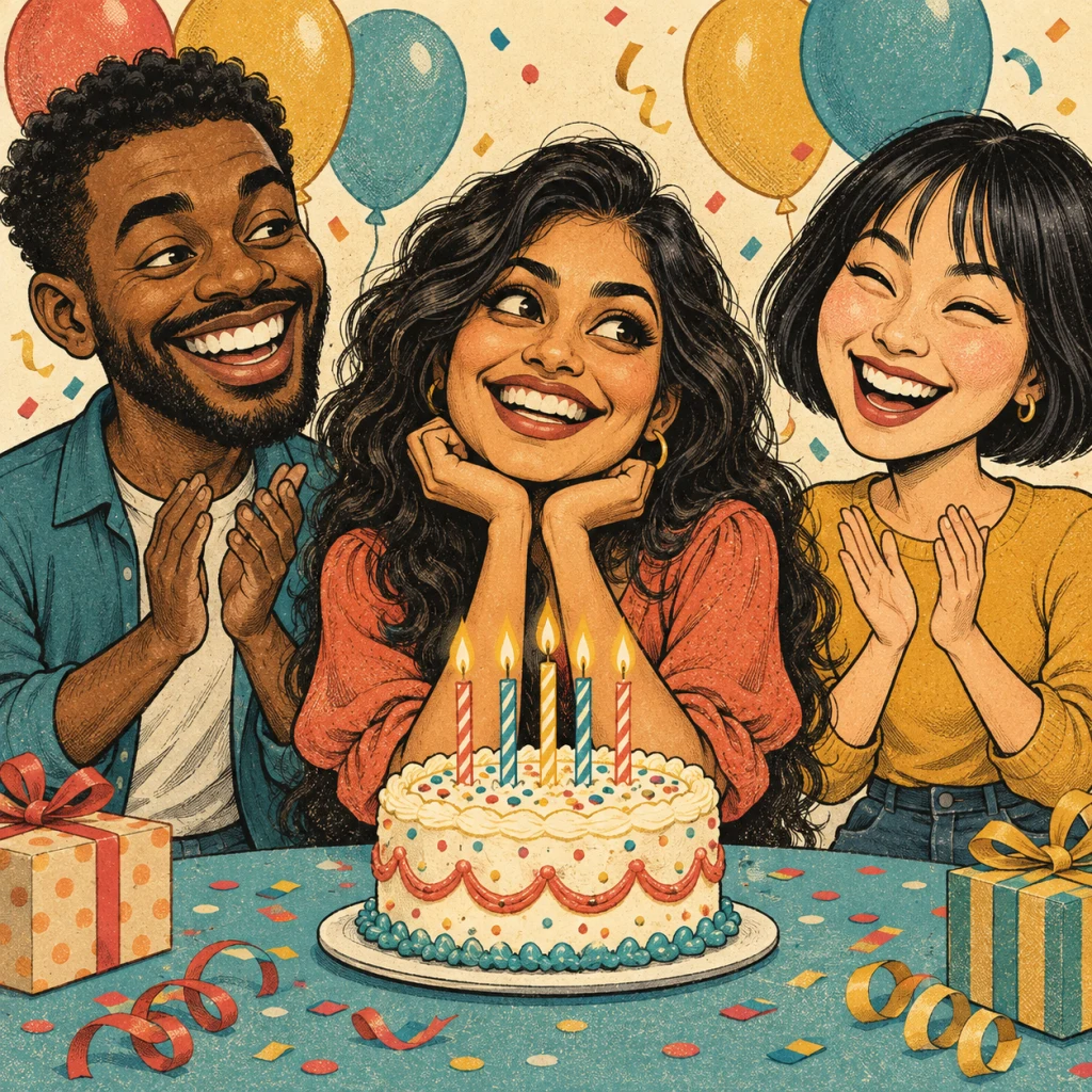 Three friends with distinct faces celebrating around a birthday cake in comic caricature style