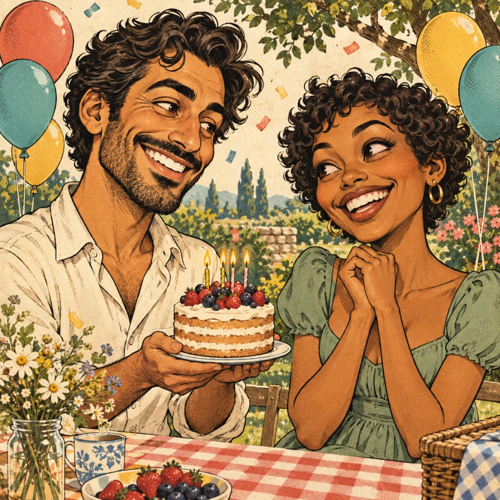 Two adults sharing a birthday cake at a garden picnic in a vintage comic caricature