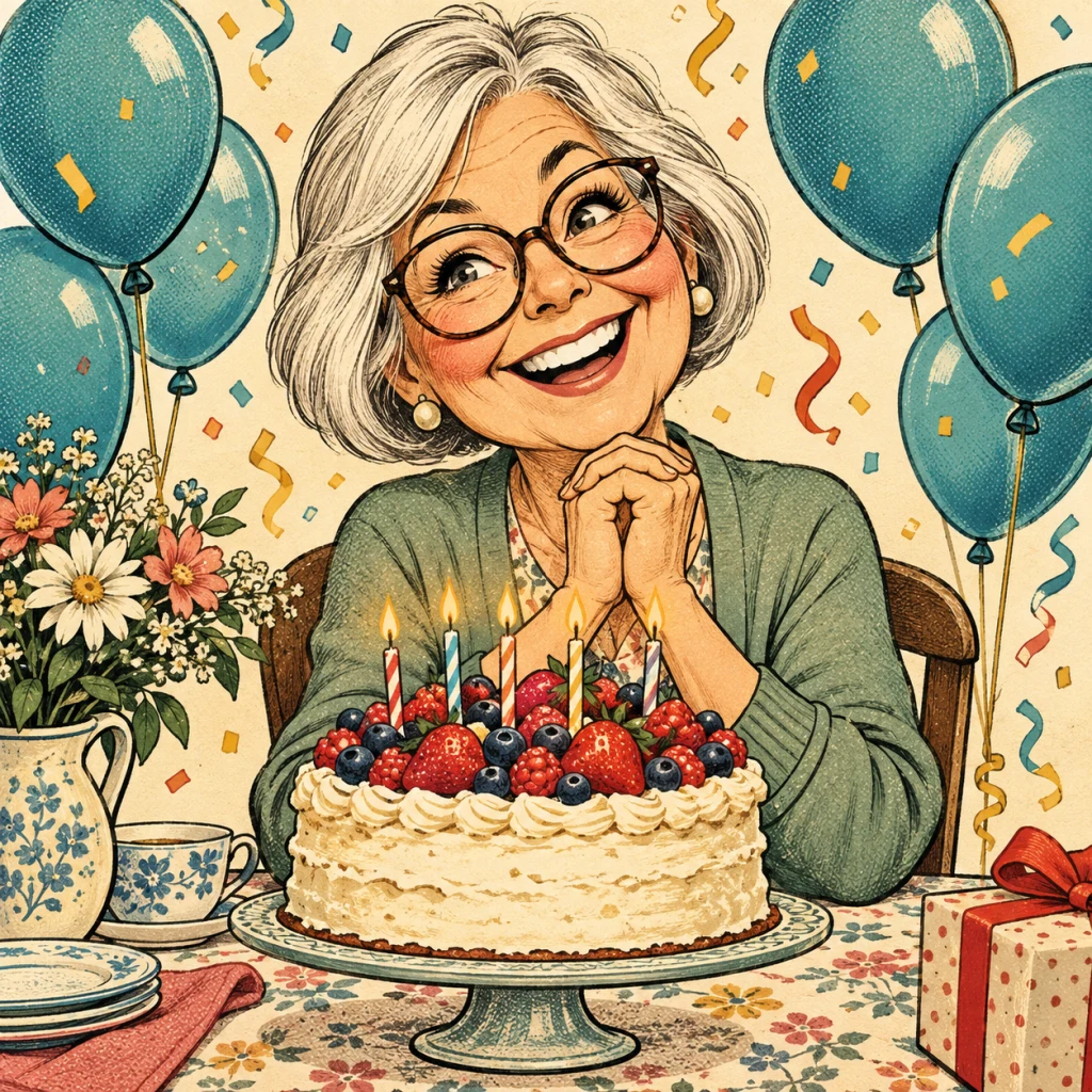 Silver-haired woman with glasses enjoying a birthday cake in a warm comic caricature