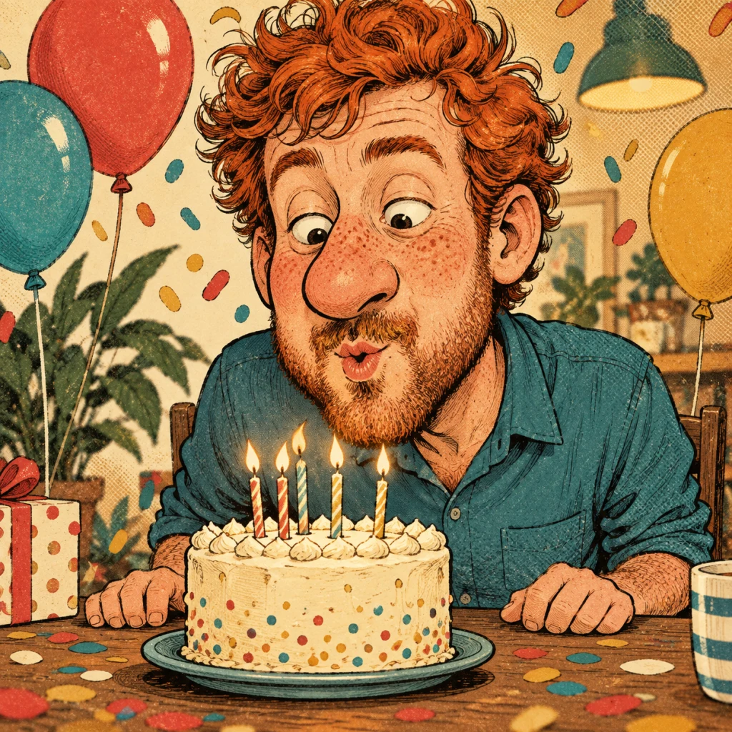 Red-haired man blowing out birthday candles in an expressive retro comic caricature