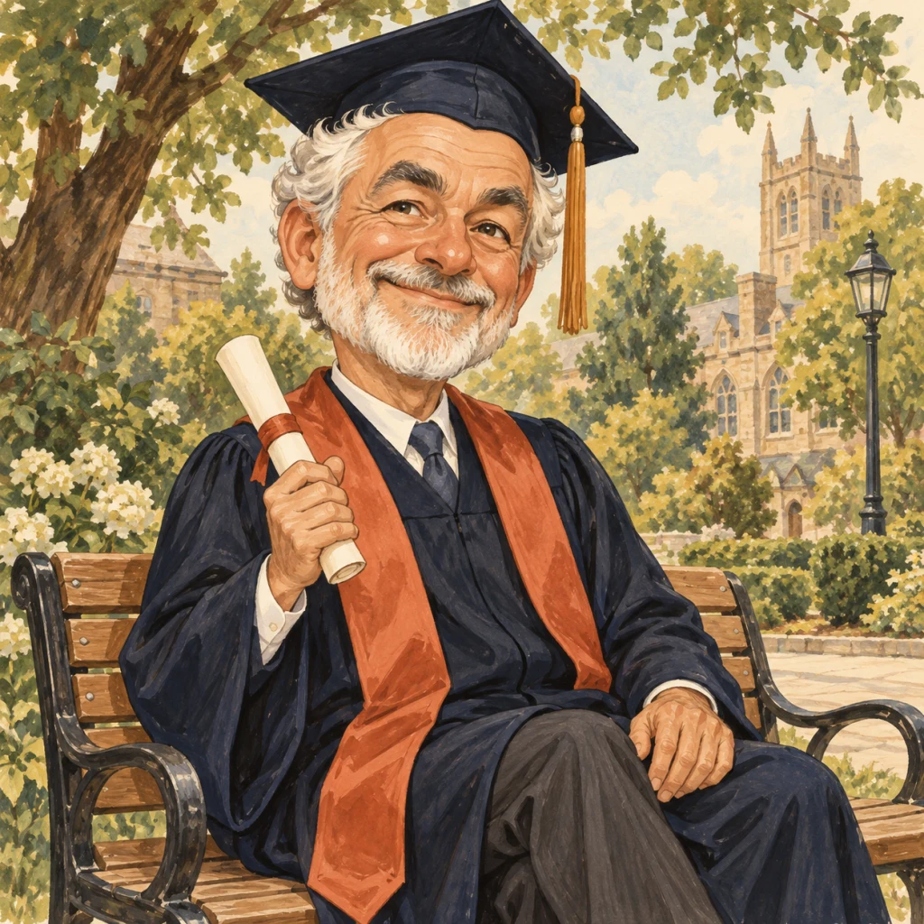 Silver-haired adult graduate with a beard proudly holding a diploma on a campus bench