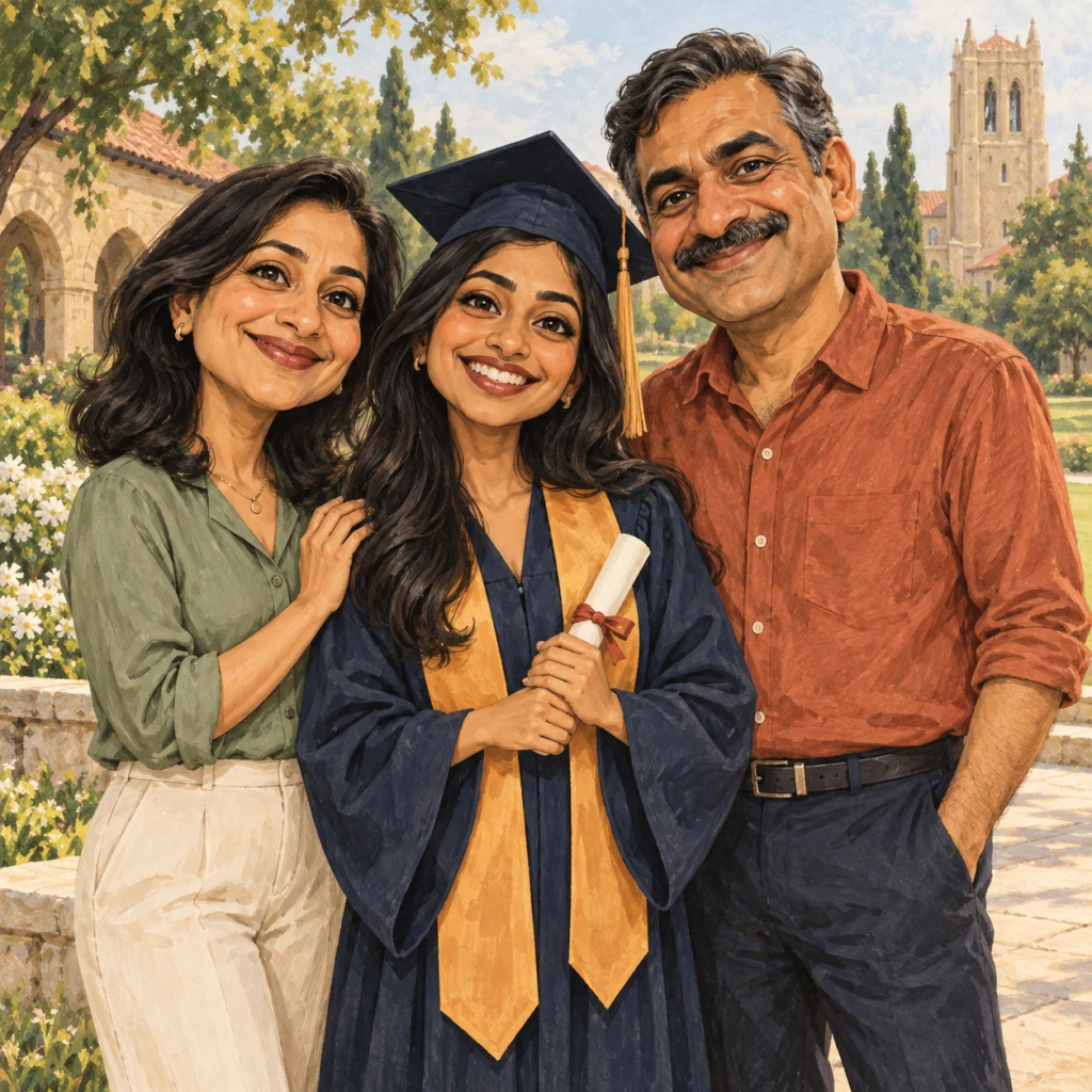 Graduate standing between her parents in a campus garden, with only the graduate wearing a cap and gown