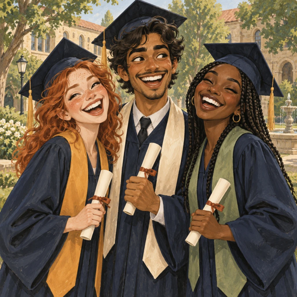 Three graduates with distinct faces and different stole colors celebrating together in an editorial caricature