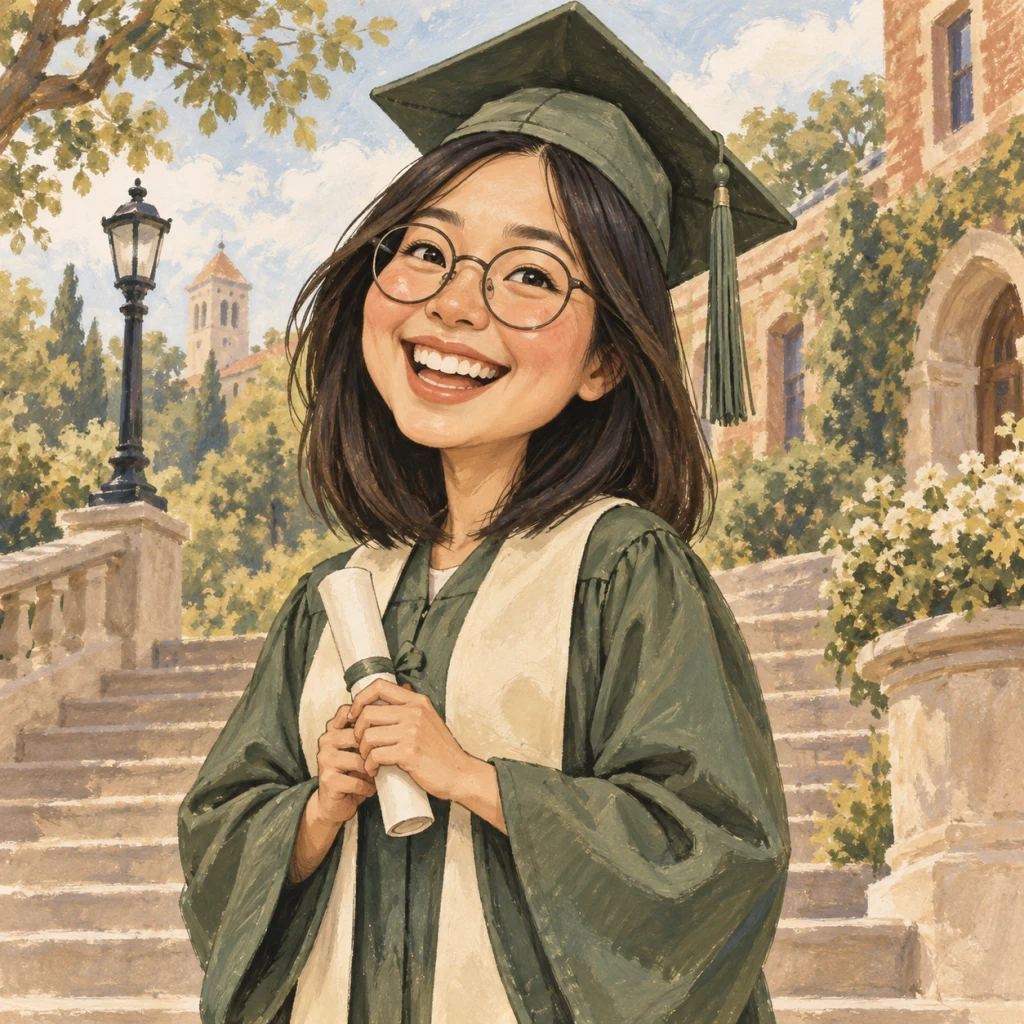 Graduate with dark hair and round glasses holding a diploma in a sage gown, illustrated in ink and gouache