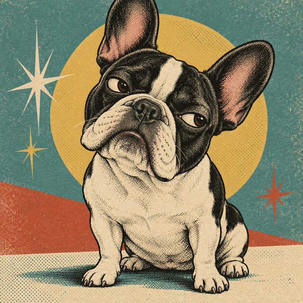 Black and white French bulldog with exaggerated ears in a retro halftone comic portrait