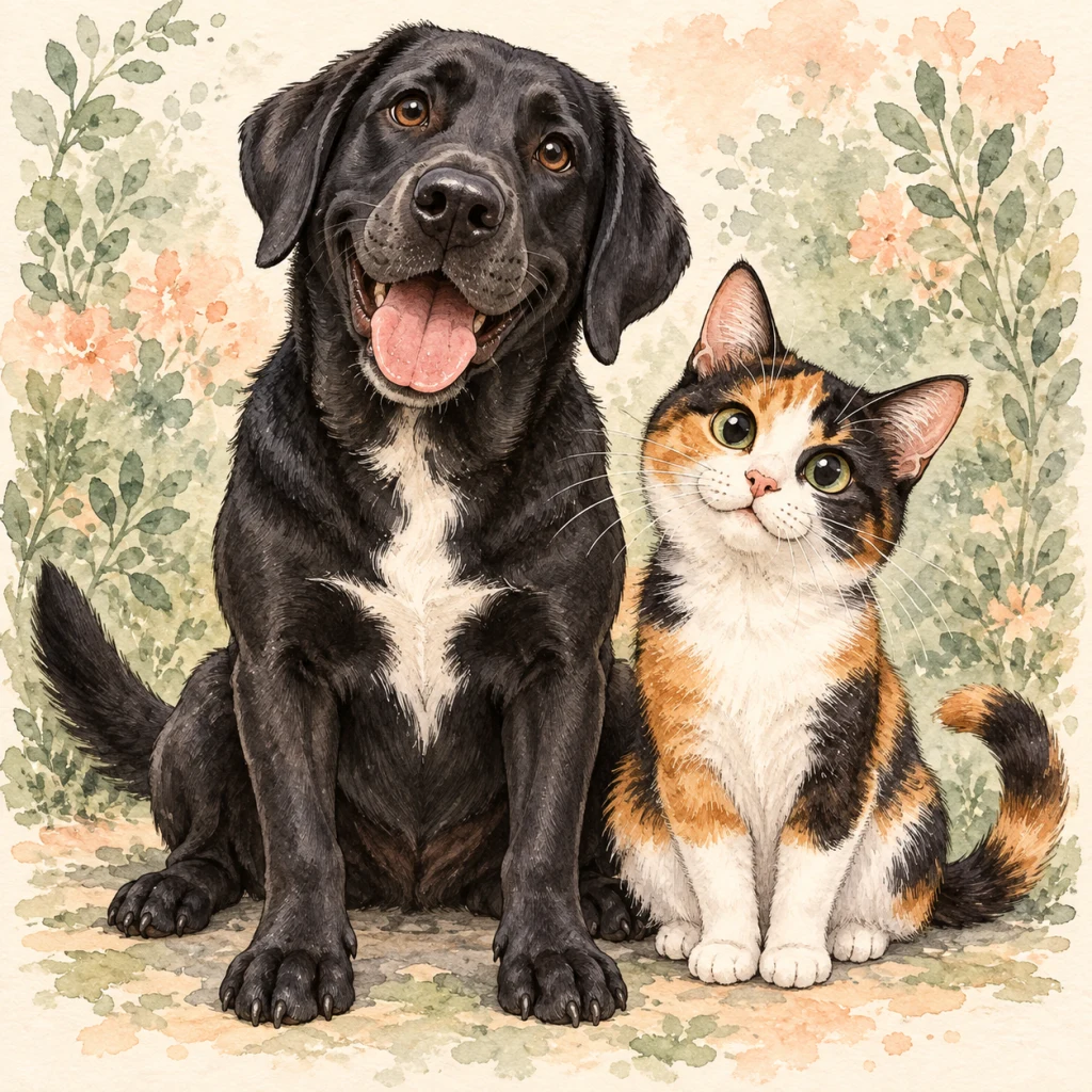 Black Labrador and calico cat sitting together with distinct coat markings in a watercolor caricature