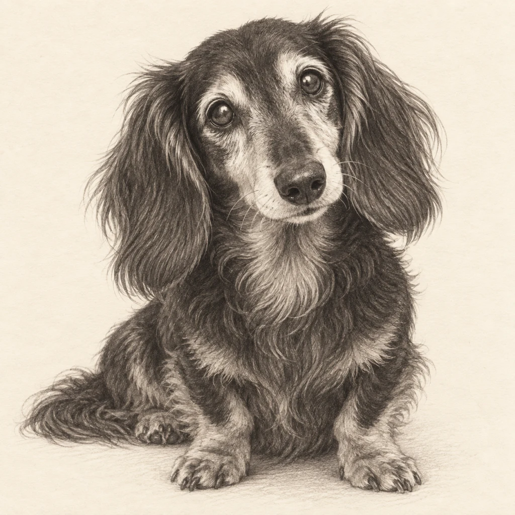 Older long-haired dachshund in a gently exaggerated graphite pencil portrait