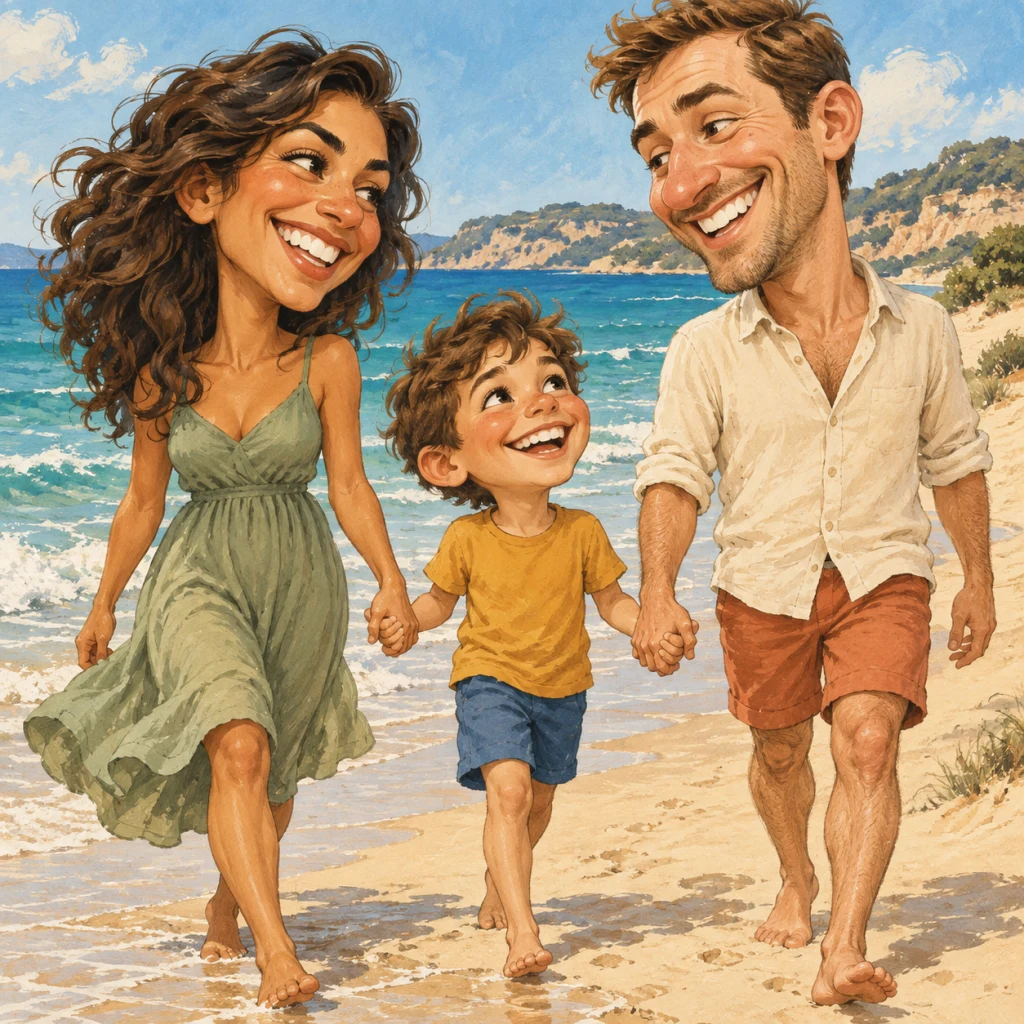 Two parents and their child walking hand in hand on a sunny beach in an expressive family caricature