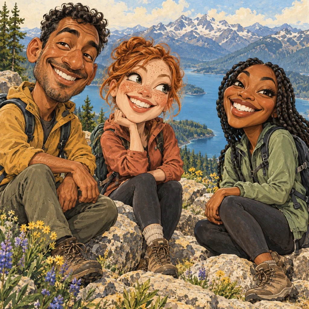 Three friends with distinct faces and small backpacks enjoying a mountain lake lookout in a painted caricature