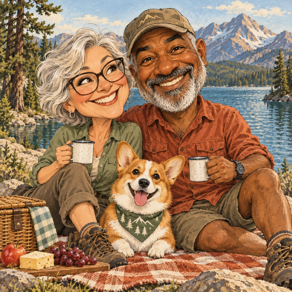Older couple and their corgi at a lakeside picnic, with separate faces and recognizable dog markings