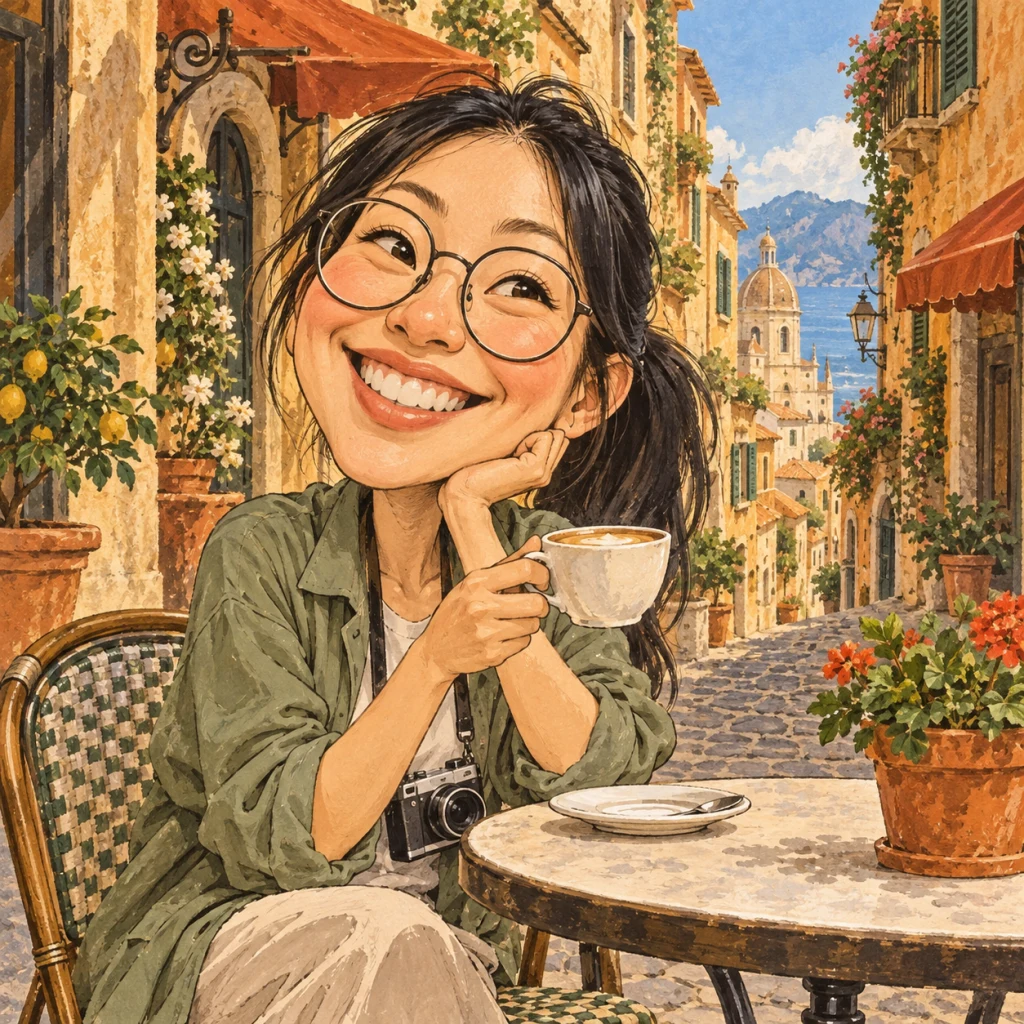 Traveler with glasses and a camera enjoying a coffee on a colorful city street in editorial caricature style