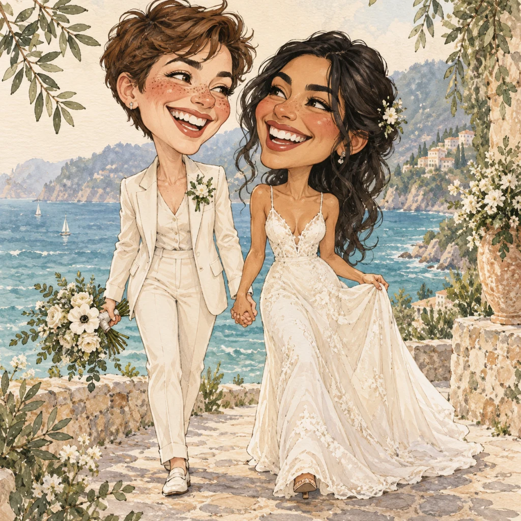 Two brides in a dress and pantsuit celebrating by the sea in a wedding caricature