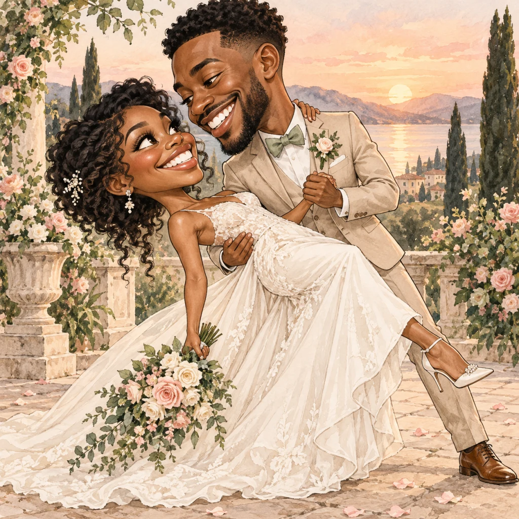 Newlyweds smiling in a supported wedding dance dip, drawn in watercolor caricature