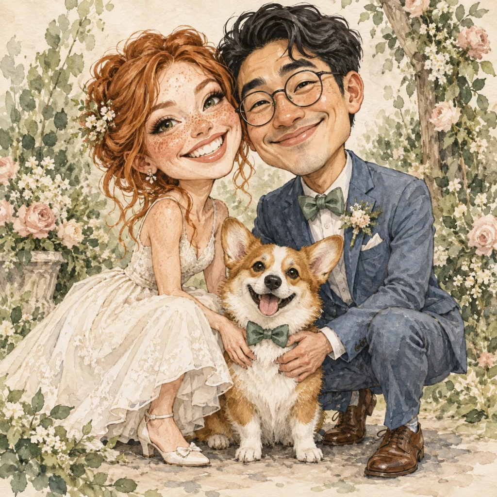 Wedding couple caricature with their corgi wearing a sage bow tie